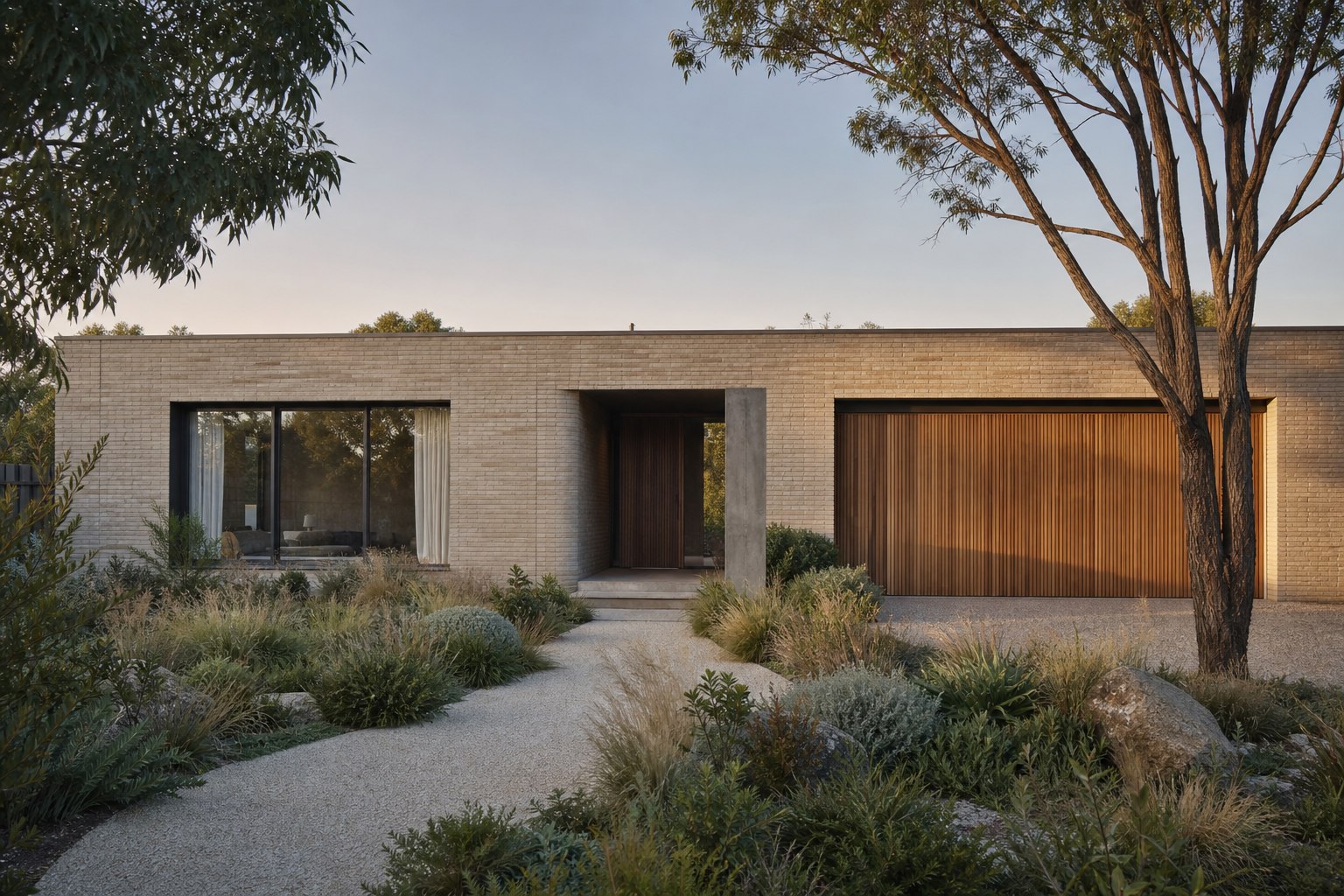 Concept image of a single-storey brick and timber home surrounded by native planting